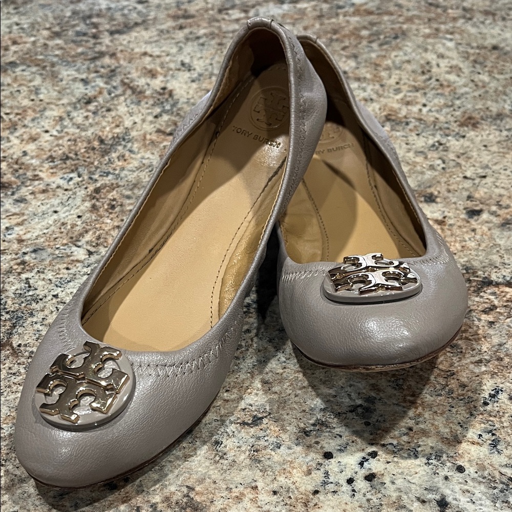 Tory Burch Taupe Leather Flats with Gold Logo